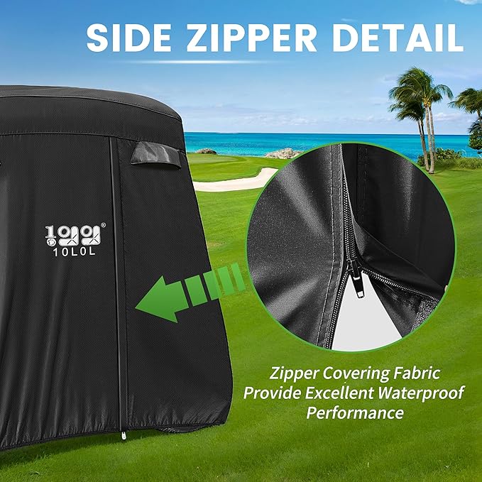 10L0L Golf Cart Cover 2/4/4+2 Passenger for Yamaha EZGO Club Car, Heavy Duty 420D Waterproof Windproof Durable Oxford Golf Cart Cover with 3 Zipper Doors for All-Weather Protection (Black/Silver)