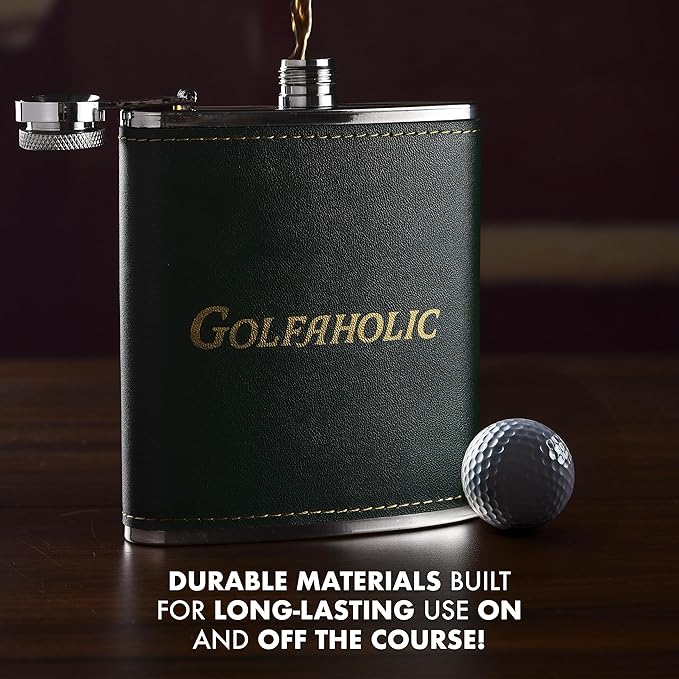 Shanker Golf - Hip Flask & Divot Tool Golf Gift Set - Golfaholic Hip Flask & 4-in-1 Divot Tool Set - Funny Golf Gifts for Men - Ball Marker, Groove Cleaner & Bottle Opener