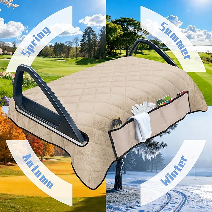YOKYHOM Golf Cart Seat Covers with 4 Front Pockets, Thick Seat Towel Blanket with Non-Slip Backing, Fits EZGO, Club Car, Yamaha and More 2 & 4 Passenger Golf Carts, Khaki