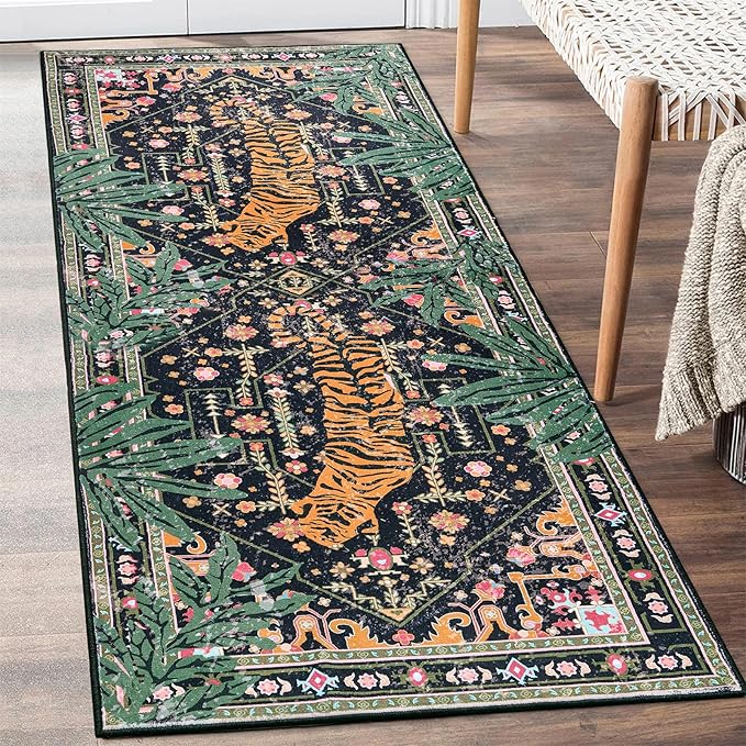 Oriental Tropical Kitchen Runner Rug 2x5 Washable, Thin Stain Resistant Black by Aldopein