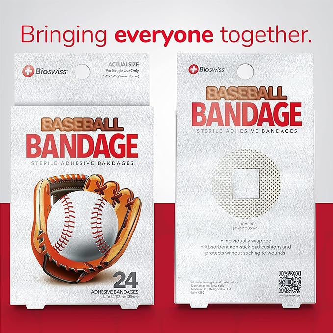 BioSwiss Bandages, Baseball Shaped Self Adhesive Bandage Set, Latex Free, Sterile Wound Care, 24 Count