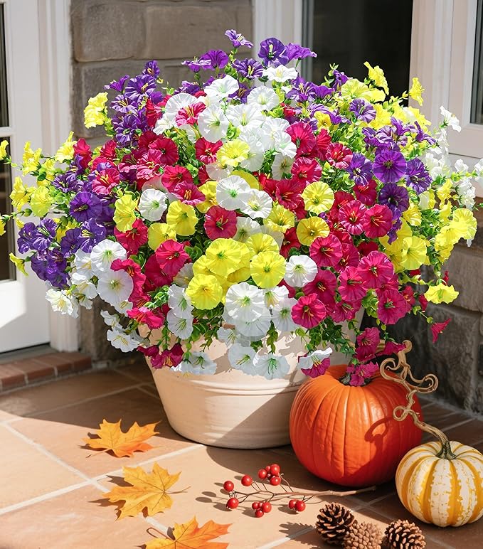 Artificial Flowers Fake Plants for Outdoors Decoration, 12 Bundles Silk Morning by Ivydale