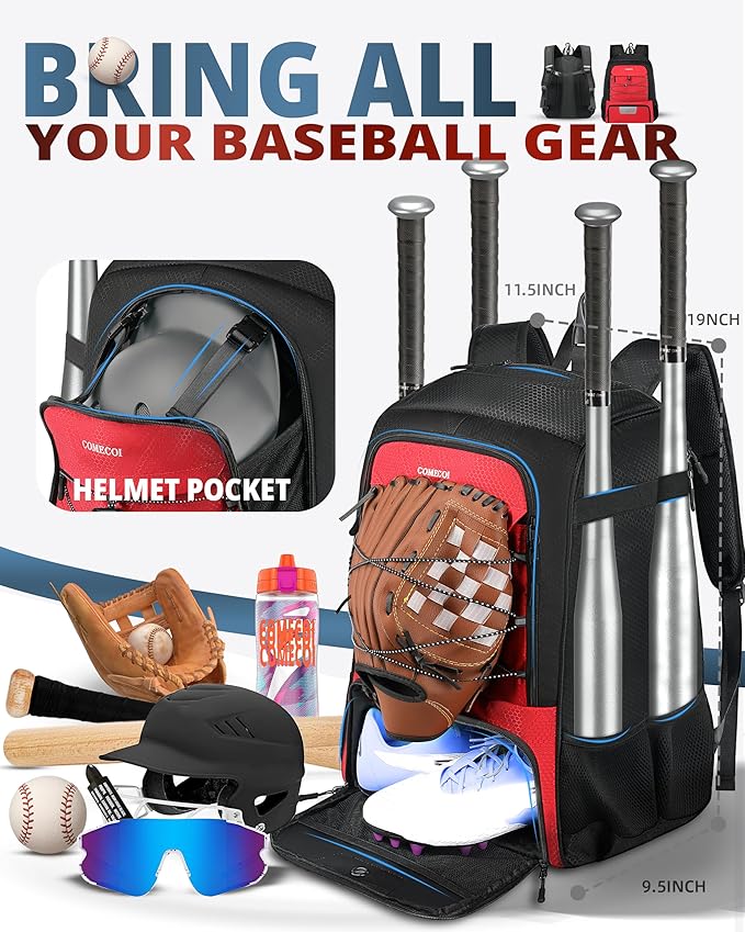 COMECOI Baseball Bag, Baseball Backpack with Helmet Shoes Bag for Youth, Adult, Lightweight Softball Bag with Fence Hook Hold TBall Bat, Baseball Glove, Helmet, Caps, All Gear