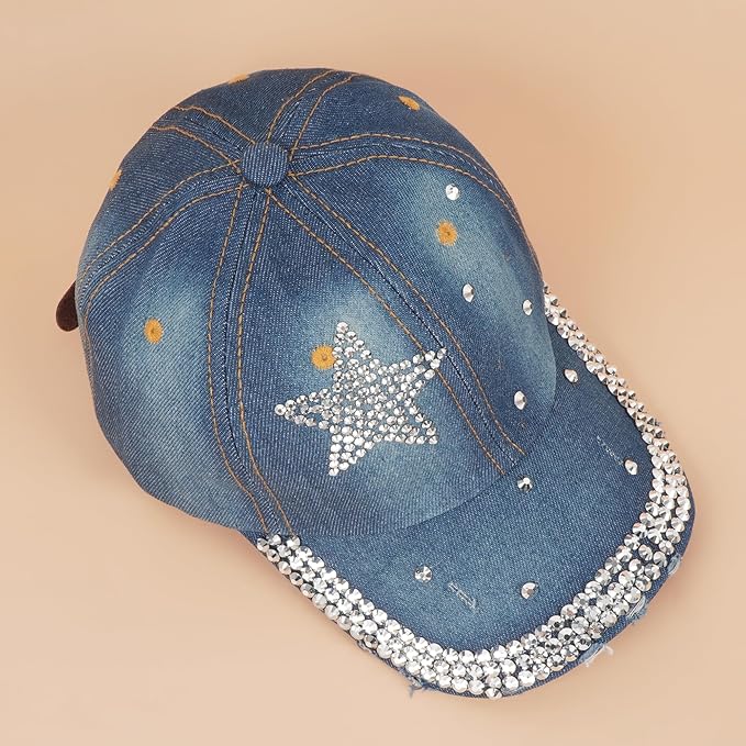 Hoce Fashion Rhinestone Denim Baseball Cap Studded Bling Hat for Women