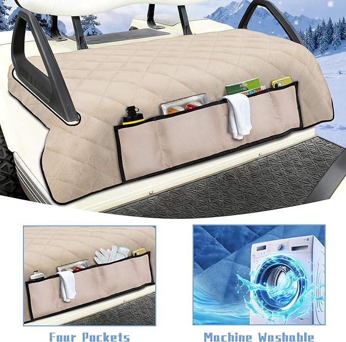 YOKYHOM Golf Cart Seat Covers with 4 Front Pockets, Thick Seat Towel Blanket with Non-Slip Backing, Fits EZGO, Club Car, Yamaha and More 2 & 4 Passenger Golf Carts, Khaki
