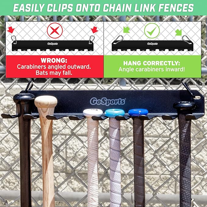 GoSports Baseball & Softball Bat Racks - Black or Red, Holds 16 Bats - Mount on Wall or Clip on Dugout Fence