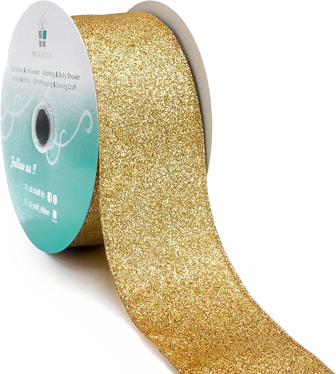 CT CRAFT LLC Glitter Wired Ribbon 2.5" x 20 Yards Yellow Gold by CTCRAFTLLC