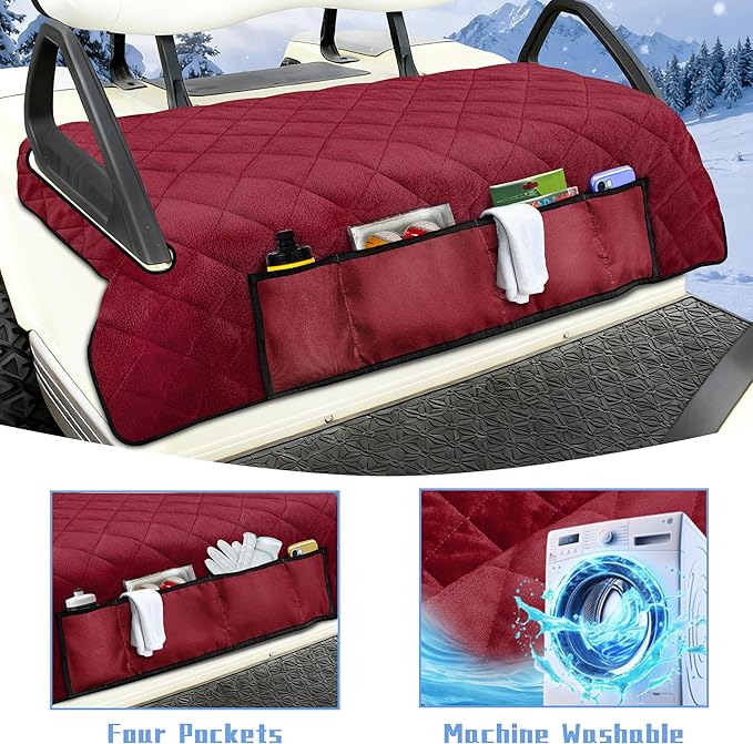 YOKYHOM Golf Cart Seat Covers with 4 Front Pockets, Thick Seat Towel Blanket with Non-Slip Backing, Fits EZGO, Club Car, Yamaha and More 2 & 4 Passenger Golf Carts, Red