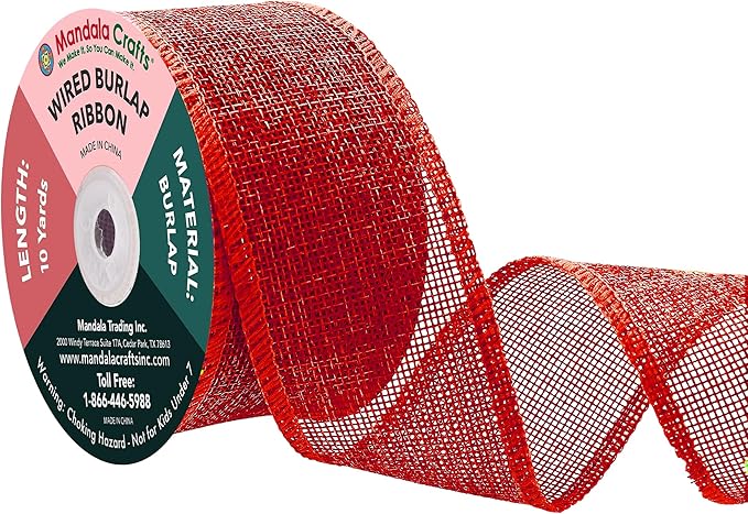 Mandala Crafts Red Burlap Wired Ribbon 2 Inches Wide Jute Ribbons by MandalaCrafts