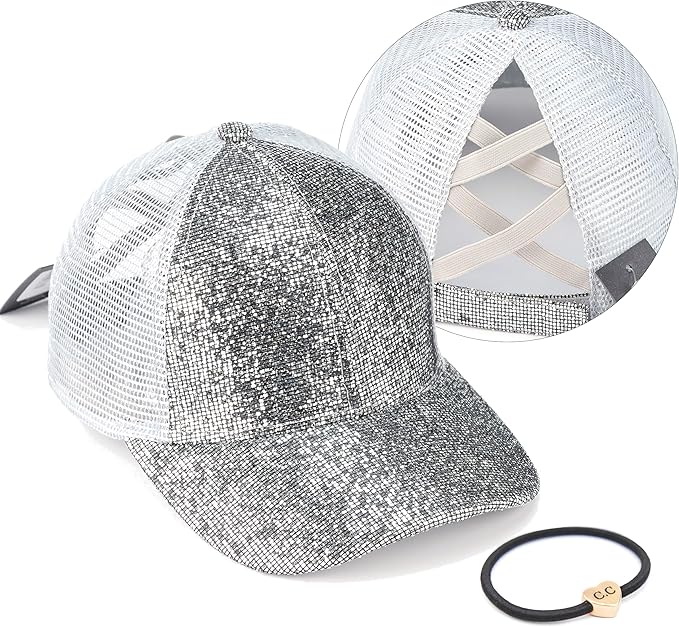 C.C Ponycap Messy High Bun Ponytail Adjustable Glitter Mesh Trucker Baseball Cap