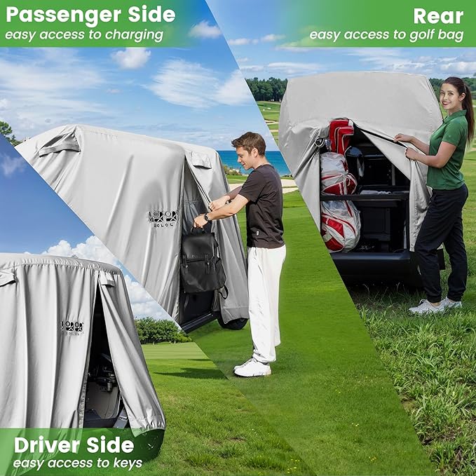 10L0L Golf Cart Cover 2/4/4+2 Passenger for Yamaha EZGO Club Car, Heavy Duty 420D Waterproof Windproof Durable Oxford Golf Cart Cover with 3 Zipper Doors for All-Weather Protection (Black/Silver)