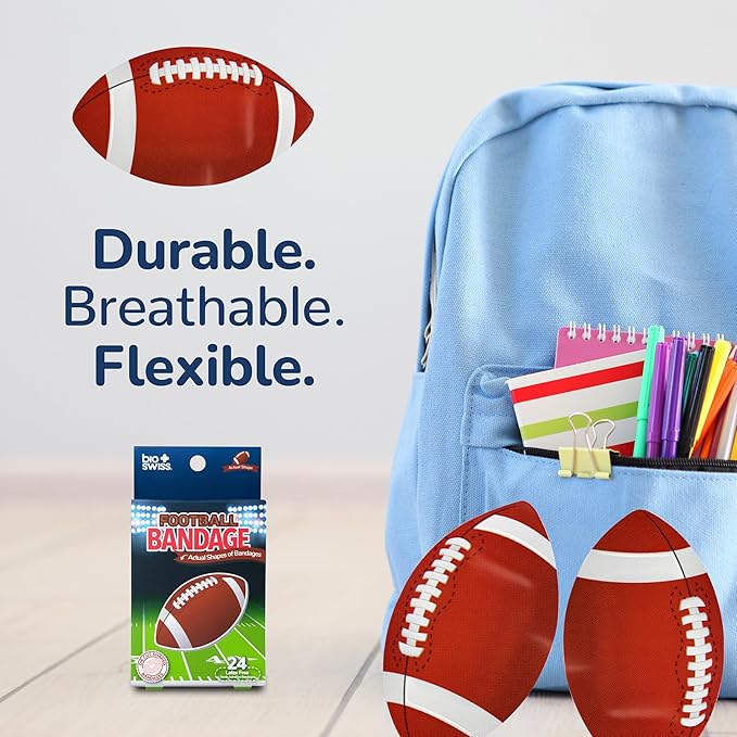 BioSwiss Bandages, Football Shaped Self Adhesive Bandage Set, Latex Free, Sterile Wound Care, 24 Count