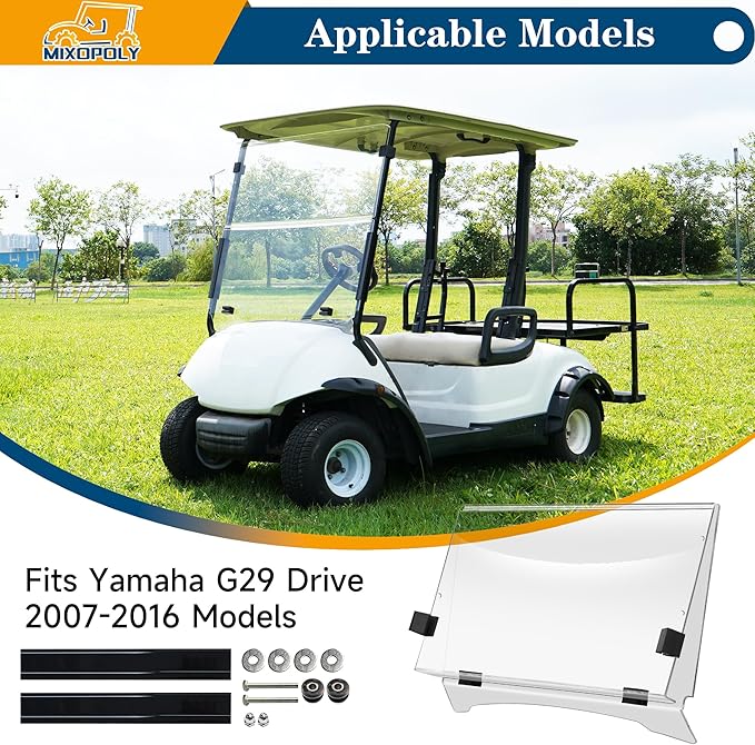 Golf Cart Clear Windshield for Yamaha G29/Drive 2007-2016, Acrylic Fold Down Windscreen, Impact Resistant and Shatterproof