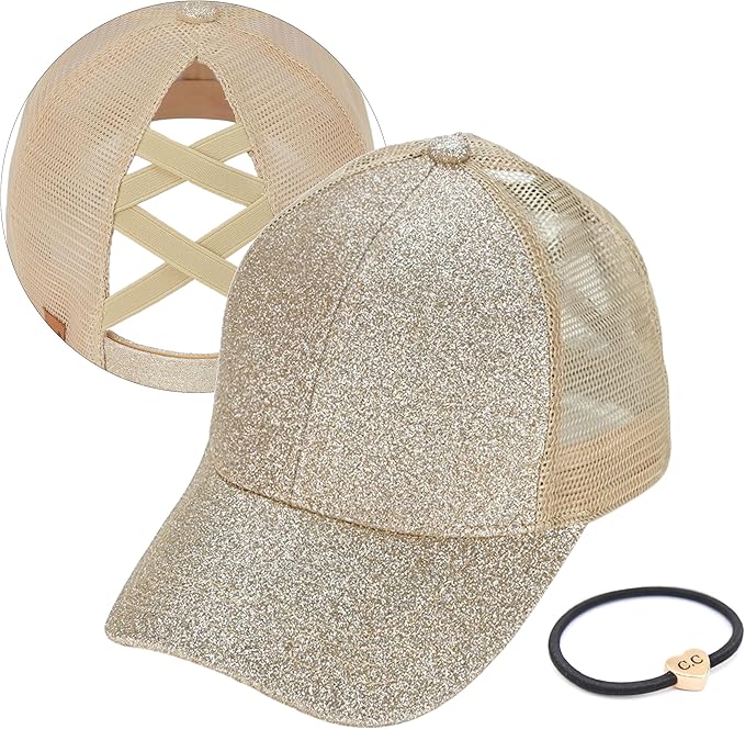 C.C Ponycap Messy High Bun Ponytail Adjustable Glitter Mesh Trucker Baseball Cap