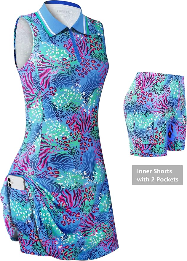 Womens Sleeveless Golf Tennis Dresses with Inner Shorts＆Pockets for Workout Exercise