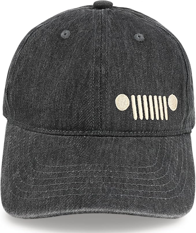 Jeep Grille Logo Garment Washed Baseball Cap – Adjustable Black Hat with Embroidered 7-Slot Grille