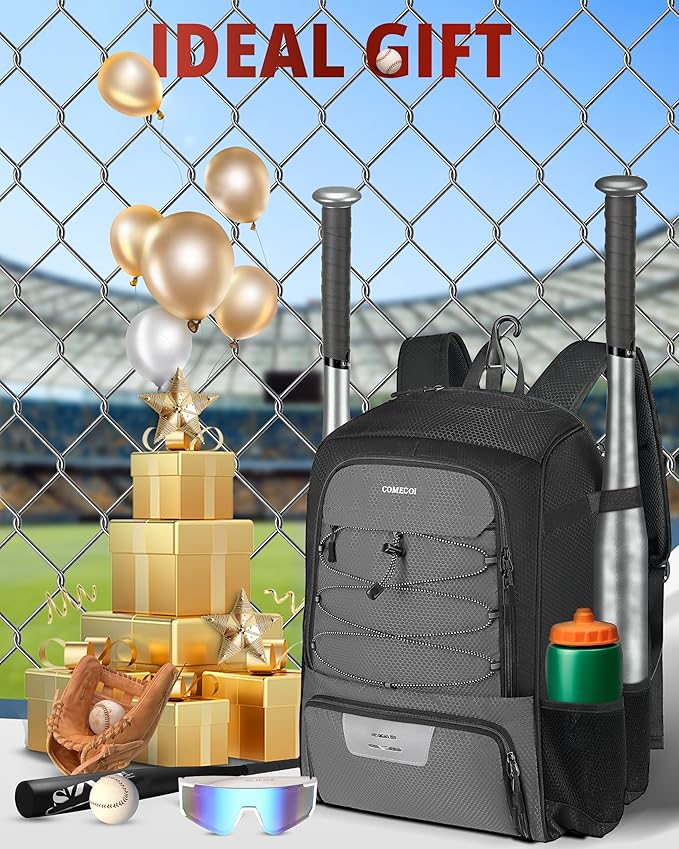 COMECOI Baseball Bag, Baseball Backpack with Helmet Shoes Bag for Youth, Adult, Lightweight Softball Bag with Fence Hook Hold TBall Bat, Baseball Glove, Helmet, Caps, All Gear