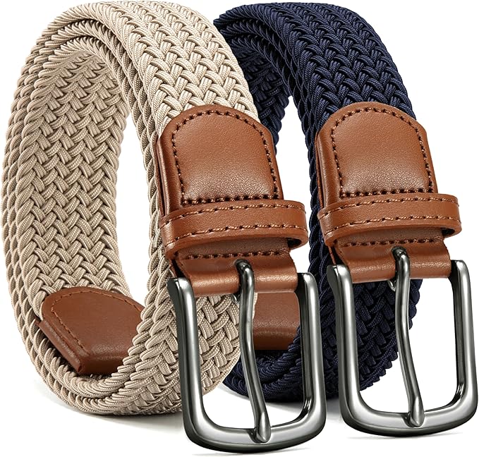 CHAOREN Stretch Belt Men 2 Pack - 1 3/8" Braided Golf Belts For Men - Casual Elastic For Pants and Jeans
