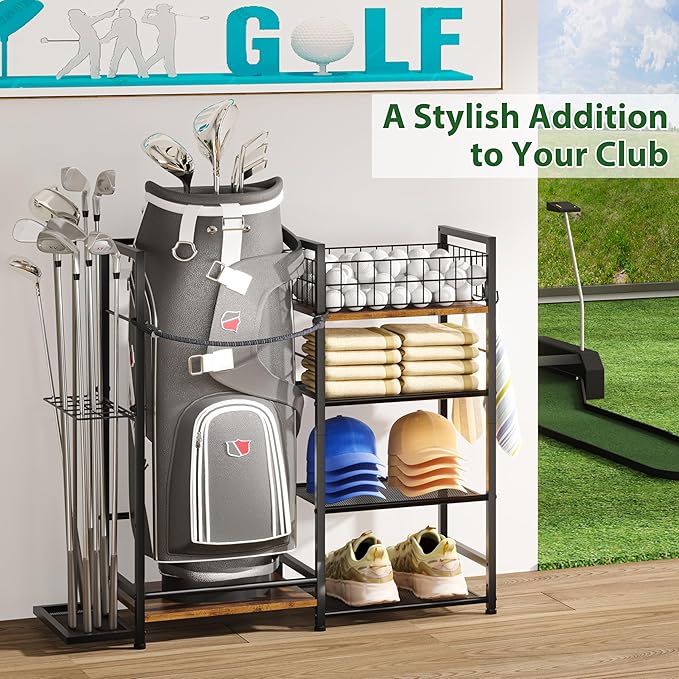 Golf Bag Organizer for Golf Accessories for Men, Golf Bag Stand with Extra Storage Rack for Clubs, Golf Bag Holder for Golf Storage Fits 1 Bag, Garage, Home or Club Use, Golf Gifts for Dad