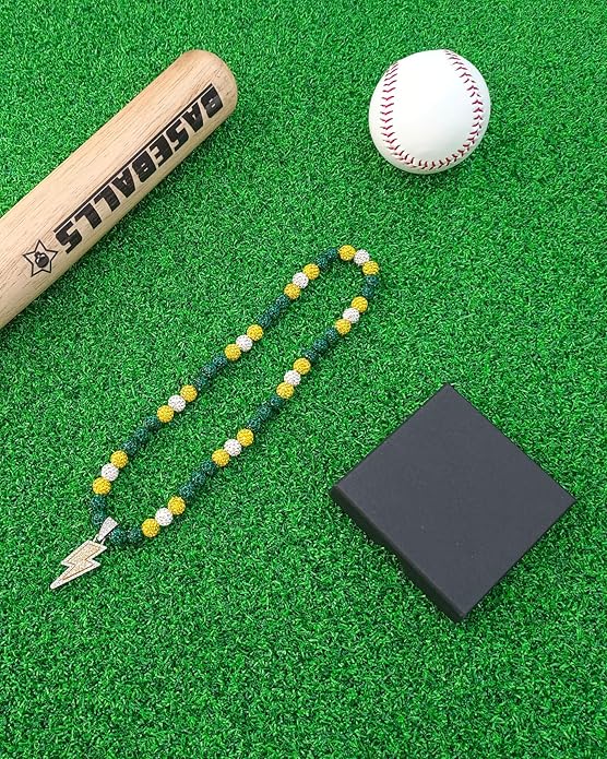 Baseball Necklace for Men 16/18/20 Inch Bling Ice Collection Lightning Bolt Pendant Necklace for Women Rhinestone Clay Beaded Discoball Accessories Gifts for Baseball Team Players Lovers