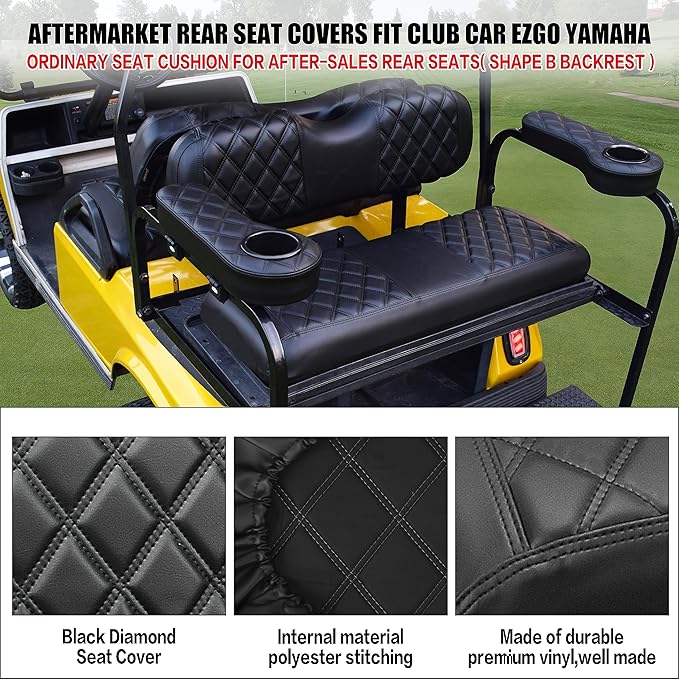 NOKINS Golf Cart RS Diamond Seat Cover for Standard Seat Cushion Aftermarket Back Seat Kit, No Staples Required,Golf Cart Vinyl Replacement Seat Cover Black Stitching