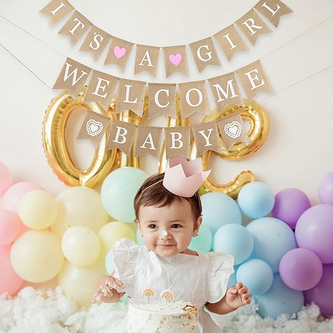 MEEDEE Burlap Banner Welcome Baby Girls Banner Rustic Baby Shower Party Favors - Image 6