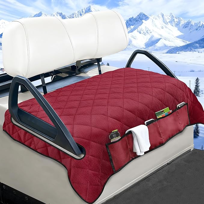 YOKYHOM Golf Cart Seat Covers with 4 Front Pockets, Thick Seat Towel Blanket with Non-Slip Backing, Fits EZGO, Club Car, Yamaha and More 2 & 4 Passenger Golf Carts, Red