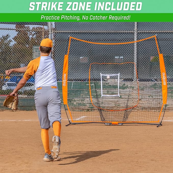 GoSports 7 x 7 ft Baseball & Softball Nets - Available in Team Colors - Batting & Pitching Net with Strike Zone