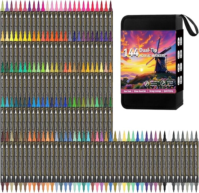 144 Colors Dual Tip Acrylic Paint Markers，Waterproof, Odorless Acrylic Markers by AcrylicAura