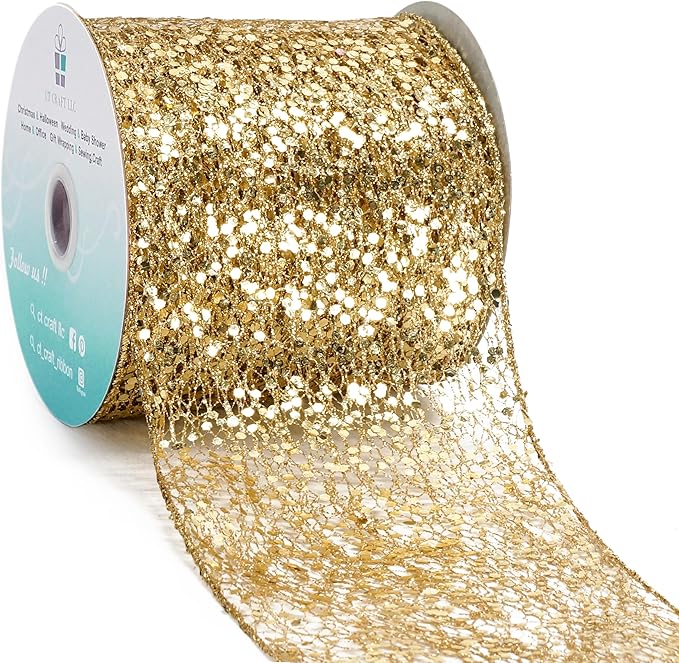 CT CRAFT LLC Sparkling Glitter Mesh Wired Ribbon 4" x 10 Yards Gold by CTCRAFTLLC