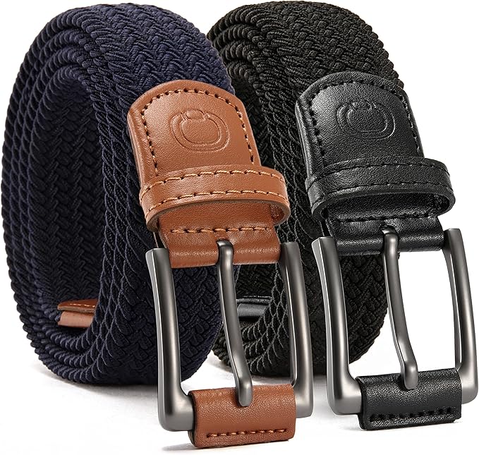 CHAOREN Stretch Belt Men 2 Pack - 1 3/8" Braided Golf Belts For Men - Casual Elastic For Pants and Jeans