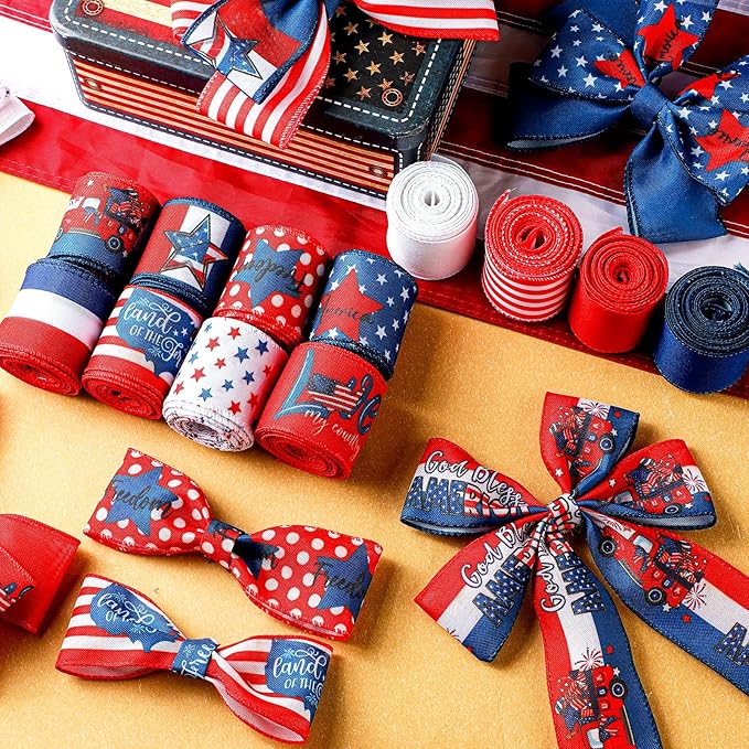 12 Rolls 60 Yards 4th of July Patriotic Ribbon Stars and Stripes Burlap Wired - Image 3