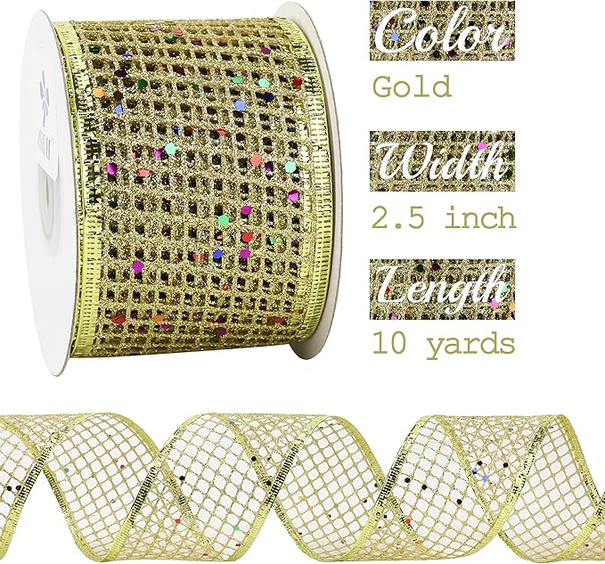 MEEDEE Gold Glitter Ribbon Gold Christmas Ribbon 2.5 Inch Square Mesh Net Wired - Image 2