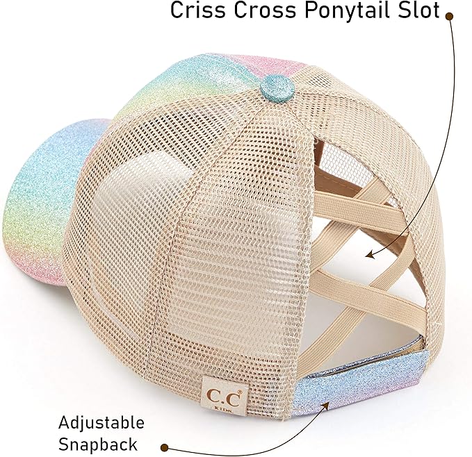 C.C Ponycap Messy High Bun Ponytail Adjustable Glitter Mesh Trucker Baseball Cap
