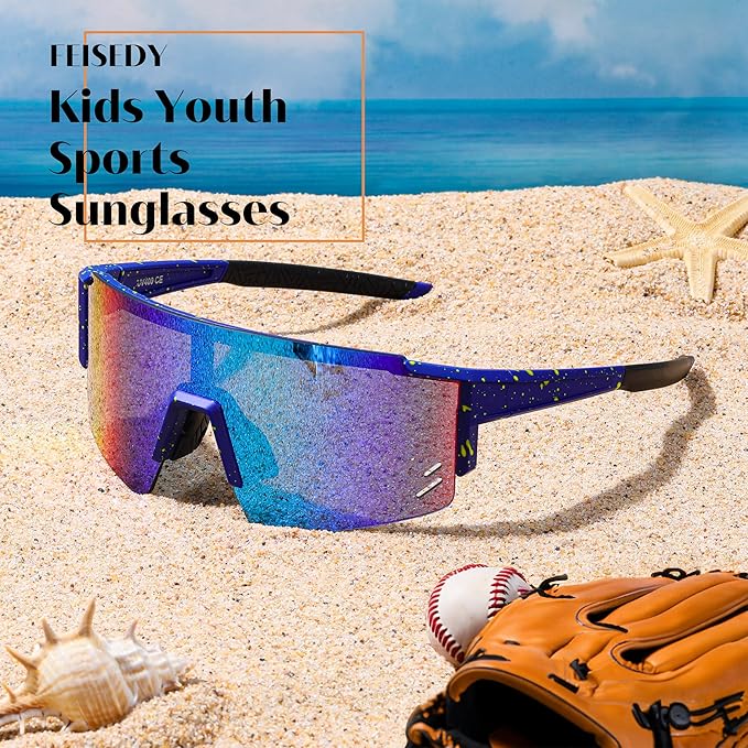 FEISEDY Kids Sunglasses Youth Baseball Sun Glasses, UV400 Sports Teens Cycling Shades for Boys Girls Age 8-16 B0048