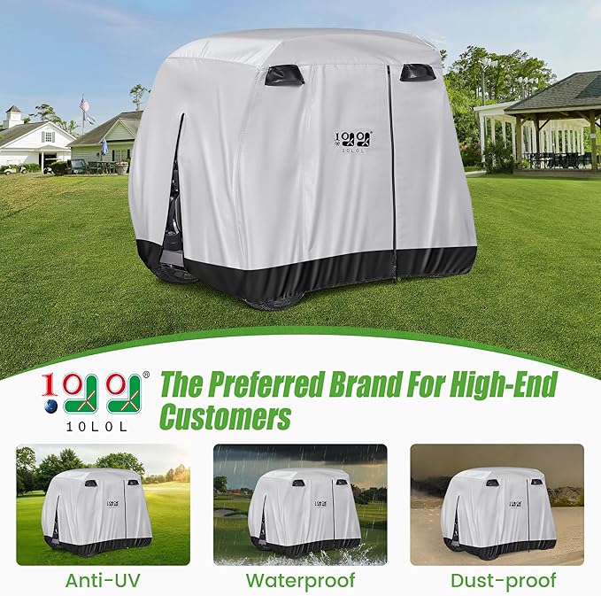 10L0L Universal Golf Cart Covers for Yamaha, Club Car, EZGO, Waterproof 2/4 Passenger Heavy Duty Golf Cart Rain Covers with 3 Zipper Doors Extended Roof for Outdoor All-Weather Protection
