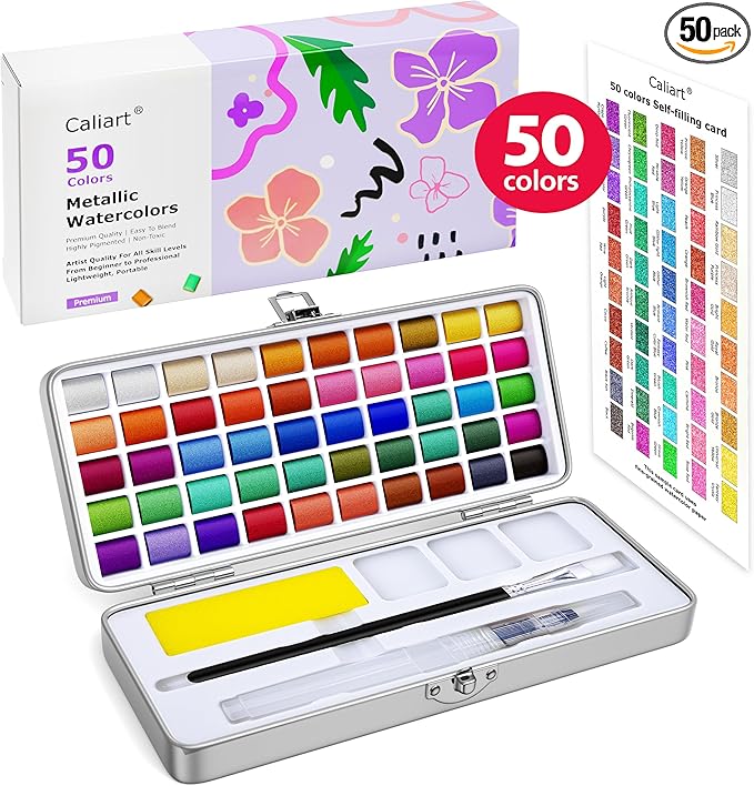 Caliart Metallic Watercolor Paints, 50 Colors Glitter Watercolors Set by Caliart
