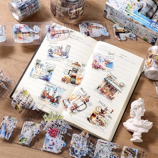 6 Rolls PET Tapes Set Pre Cut Tape Stickers City Stickers journaling Tape - Image 6