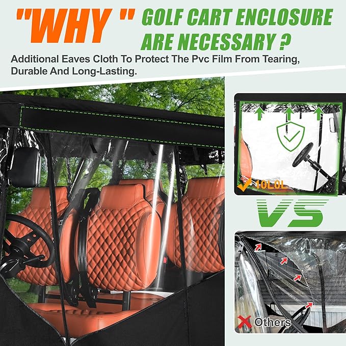 10L0L Golf Cart Enclosures Fits 6 Passenger Golf Cart Rain Cover, 600D Waterproof Driving Enclosure with Clear PVC Windshield for Extended Roof Golf