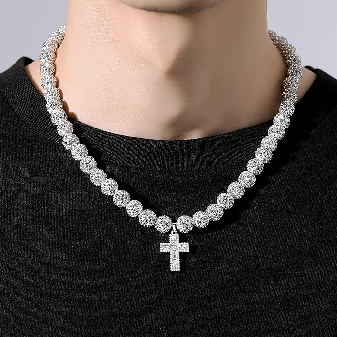 QINJIEJIE Baseball Necklace for Men Glitter Bling Rhinestone Beaded Collection Necklace for Women 16/18in Inspired Sports Jewelry Baseball Chain Cool Gifts for Baseball Players Team Lovers