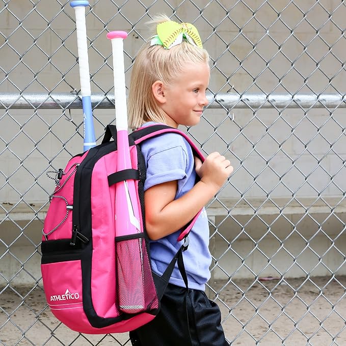 Athletico Youth Baseball Bag - Bat Backpack for Baseball, T-Ball & Softball Equipment & Gear | Holds Bat, Helmet, Glove | Fence Hook