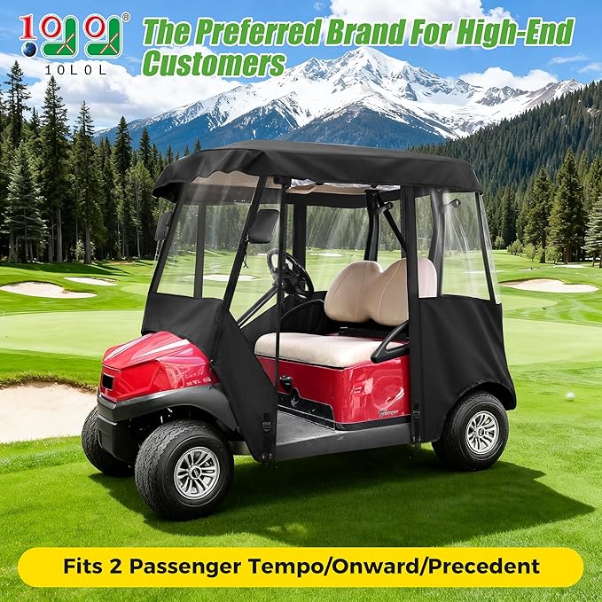 10L0L 2/4/8 Passenger Golf Cart Enclosure for Club Car Precedent/Tempo/Onward, 600D Waterproof Golf Cart Rain Cover, Driving Enclosure with 4-Sided Clear Windows Roll-up Door Black -Roof 58"-141"
