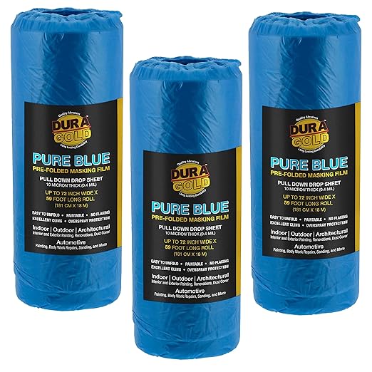 Dura-Gold 72" x 59' Pure Blue Pre-Folded Masking Film, Painters Plastic Roll by Dura-Gold