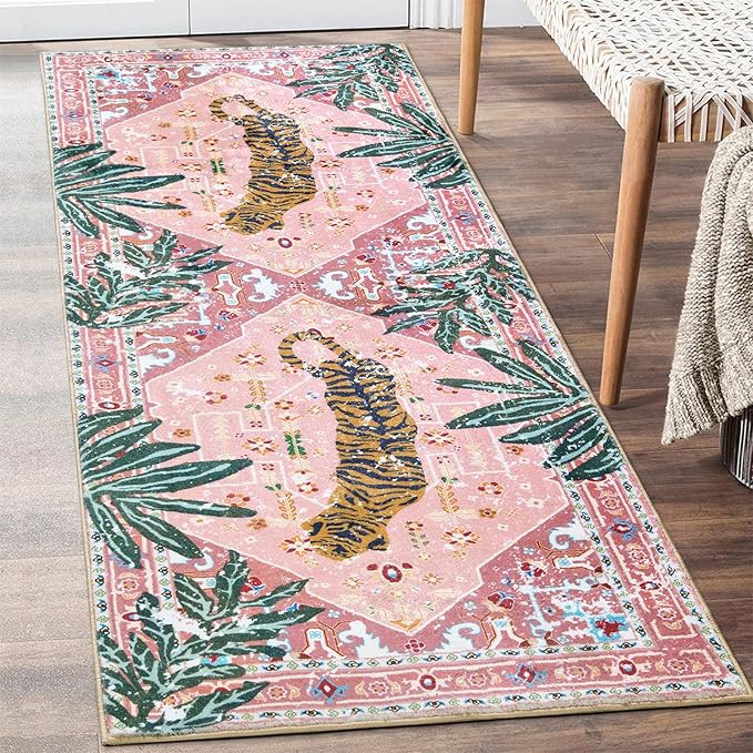 Oriental Tropical Kitchen Runner Rug 2x5 Washable, Thin Stain Resistant Pink by Aldopein