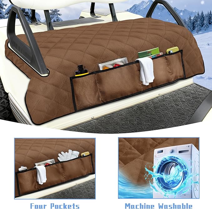 YOKYHOM Golf Cart Seat Covers with 4 Front Pockets, Thick Seat Towel Blanket with Non-Slip Backing, Fits EZGO, Club Car, Yamaha and More 2 & 4 Passenger Golf Carts, Dark Brown