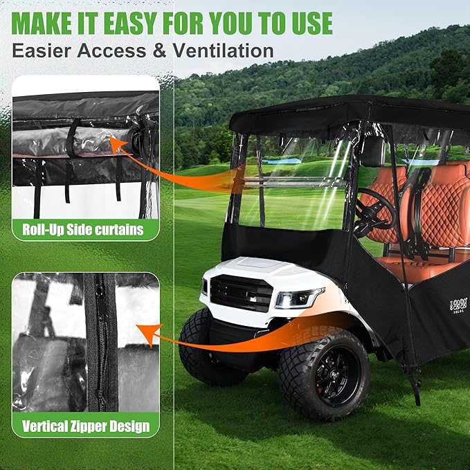 10L0L Golf Cart Enclosures Fits 6 Passenger Golf Cart Rain Cover, 600D Waterproof Driving Enclosure with Clear PVC Windshield for Extended Roof Golf