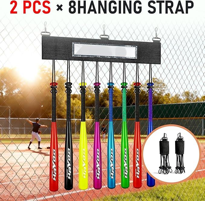 2Pcs Dugout Organizer, Baseball Softball Bat Holder Wall Mount with 3 Fence Hooks 8 Hanging Strap and Name Tag, Bat Rack Accessories for Dugout Fence Team Coach Players Gifts