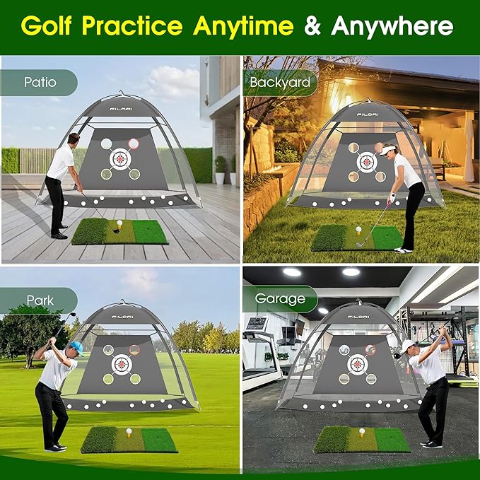 FILORI Golf Practice Net 10x7FT - Golf Hitting Net with Tri-Turf Mat, 8 Balls, Tee & Carry Bag, Indoor/Outdoor Backyard Training for Driving Chipping Swing, Ideal Gifts