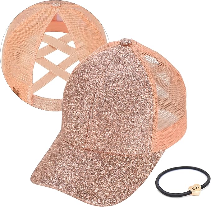 C.C Ponycap Messy High Bun Ponytail Adjustable Glitter Mesh Trucker Baseball Cap