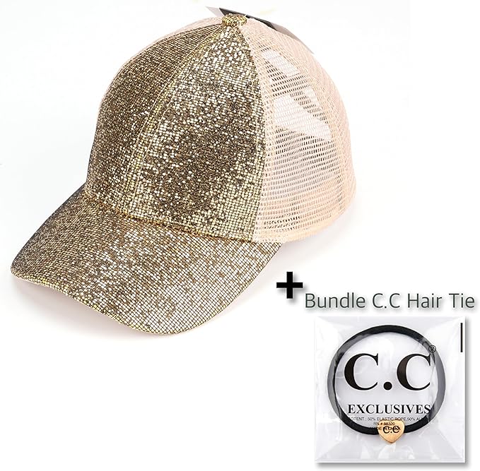 C.C Ponycap Messy High Bun Ponytail Adjustable Glitter Mesh Trucker Baseball Cap